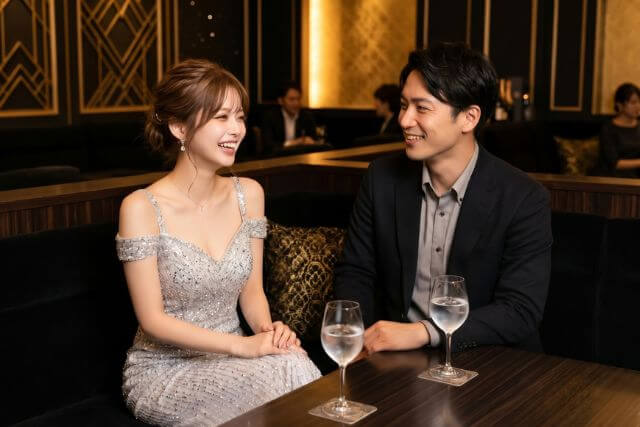 シルバーのドレスの女性と笑顔で会話するスーツの男性