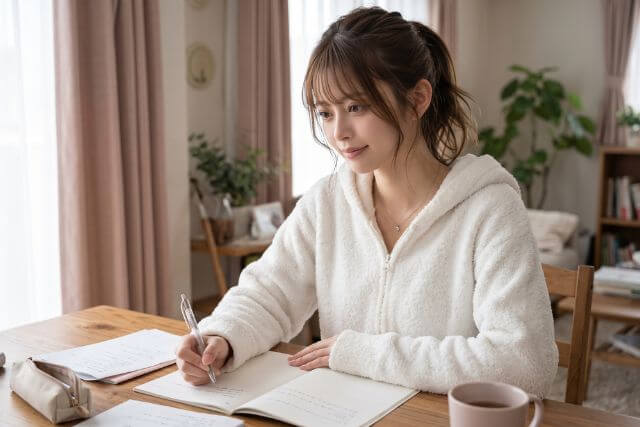白い服を着て勉強する女性