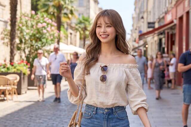 オフショルの服を着て外を歩く女性