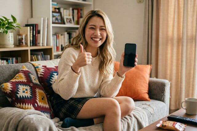 ソファに座ってグーサインをするスマホを持った若い女性