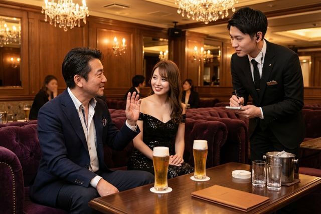キャバクラで黒服に声をかける男性客と隣に座るキャバ嬢