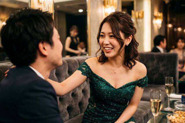 男性客hの肩に手を触れながら話しかけるキャバ嬢