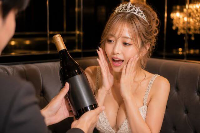 ティアラをつけたキャバ嬢がワインボトルを差し出されて驚いている