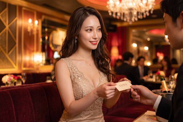 男性に名刺を渡しているキャバ嬢