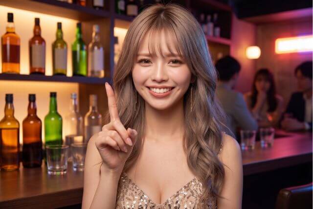 人差し指を立てて笑顔の女性