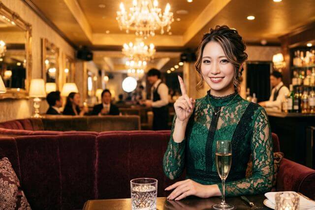 キャバクラでソファに座って人差し指を立てる緑のドレスのキャバ嬢