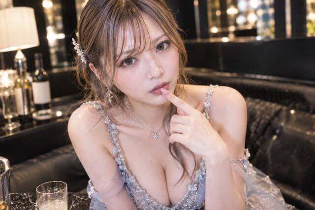 口に人差し指を当てるドレスの女性