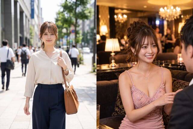 白いシャツと黒いスカートで街を歩く女性とドレスで接客するキャバ嬢