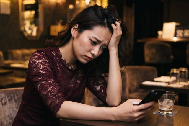 頭を抱え、スマホを持っている夜のお店の女性