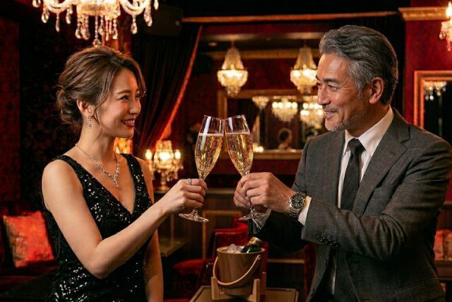 キャバクラ店内で乾杯するキャバ嬢と年配の男性客