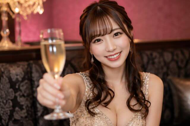 シャンパングラスを掲げる女性
