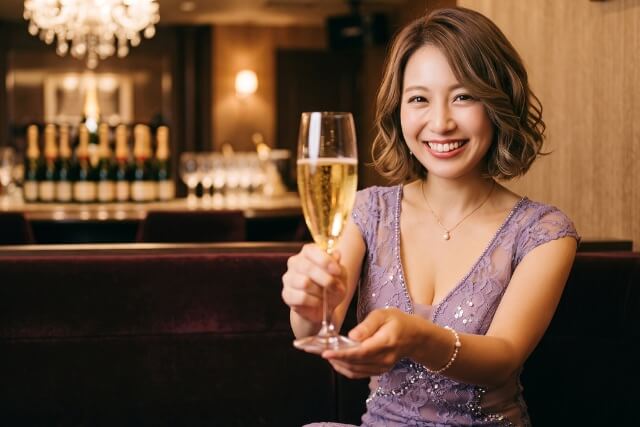 乾杯するようにグラスを差し出すキャバ嬢