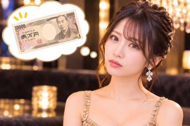 真剣な表情のドレスを着た女性。吹き出しの中に1万円札のイラスト
