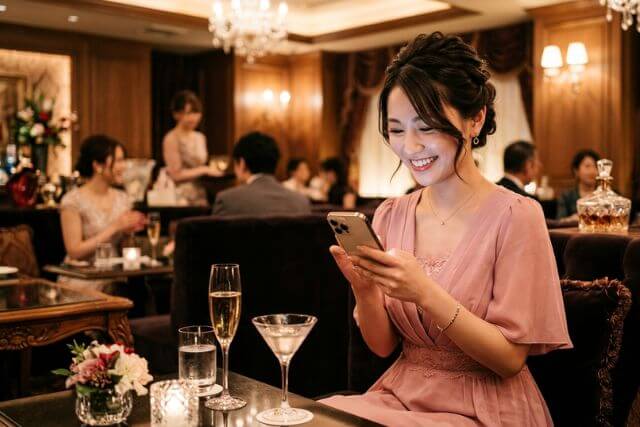 キャバクラでスマホを見て笑顔のキャバ嬢