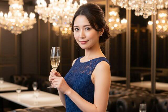 シャンパングラスを持って立つネイビーのドレスのキャバ嬢