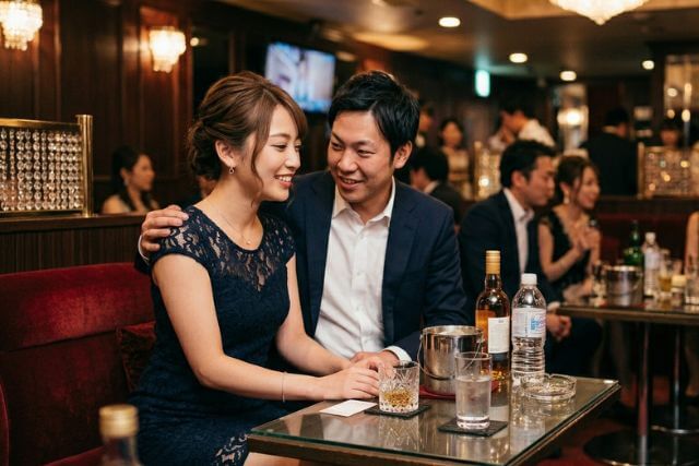キャバ嬢の肩に手を回す男性客
