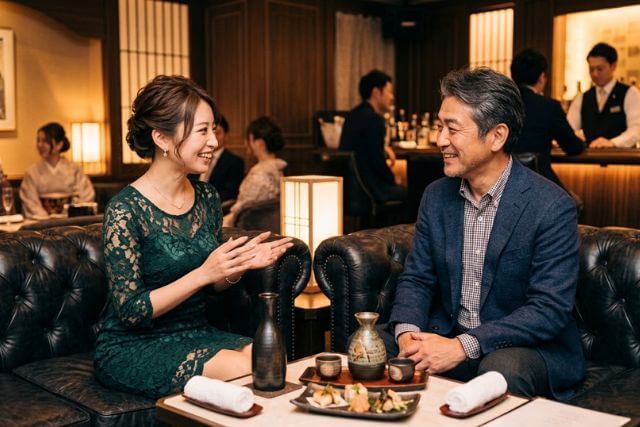 キャバクラで接客するキャバ嬢と60代くらいの男性客