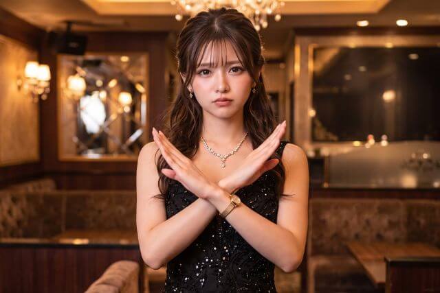 手をクロスして立っているドレスの女性