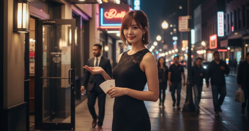 海外の繁華街で黒いドレスを着て立っている日本人の女性