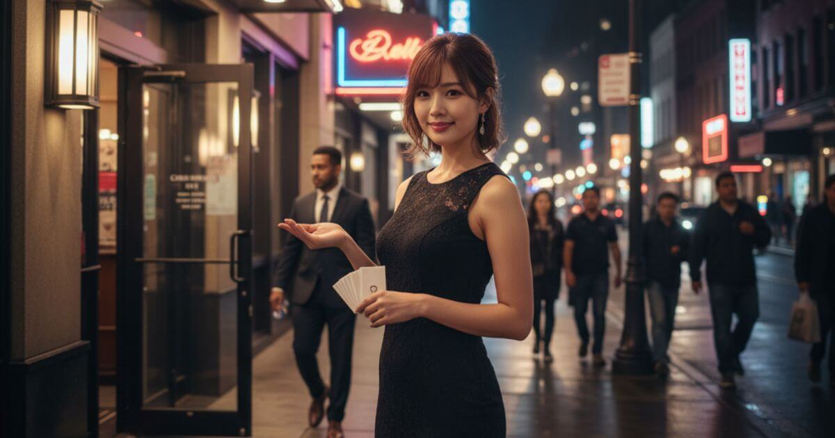 海外の繁華街で黒いドレスを着て立っている日本人の女性