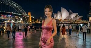 シドニーオペラハウスなどが見える夜の街でピンクのドレスを着て微笑む若い女性