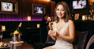 ヴーヴのボトルを持ってソファに座る白いドレスのキャバ嬢