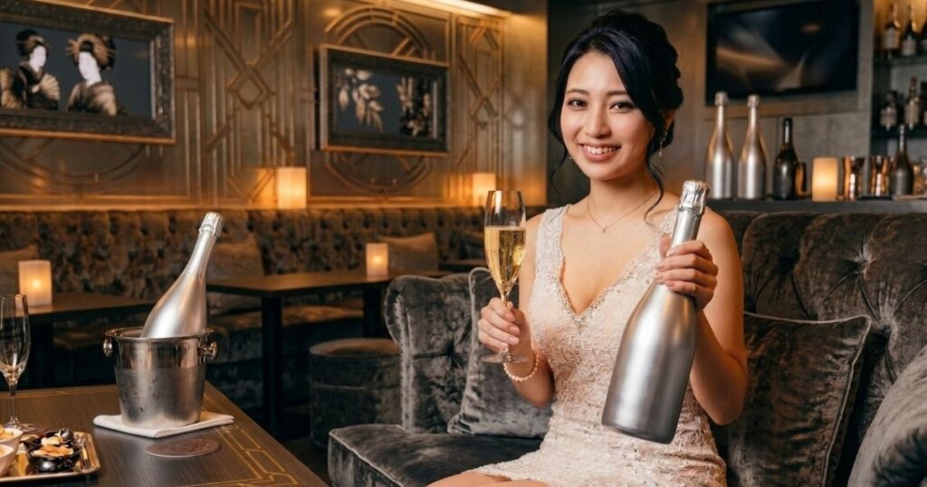 ワインボトルとシャンパングラスを持っているキャバ嬢