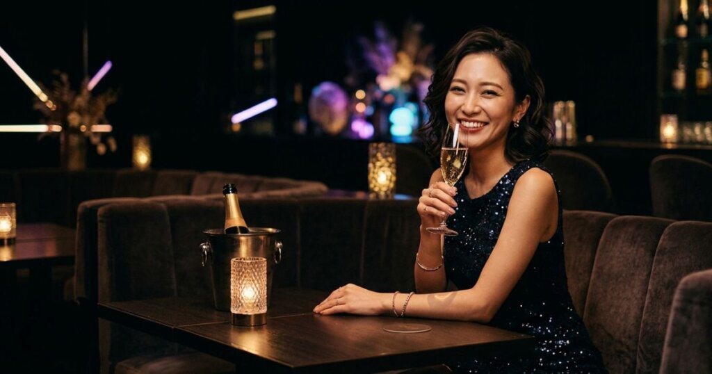 キャバクラで一人でシャンパングラスを持っているキャバ嬢