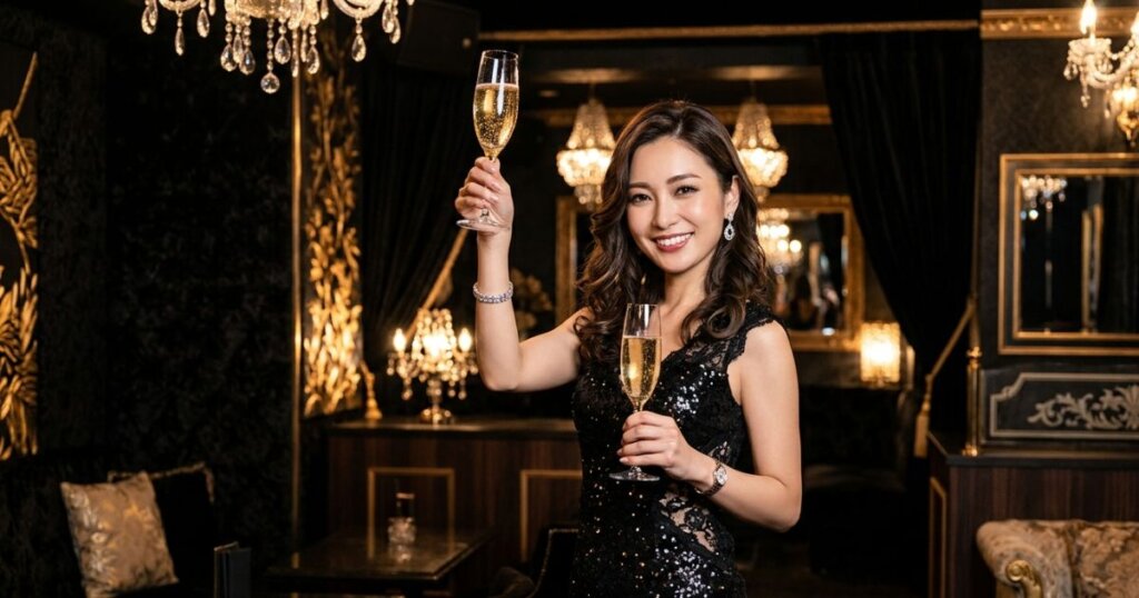 黒が基調の店内で、シャンパングラスを両手に持っている黒いドレスのキャバ嬢