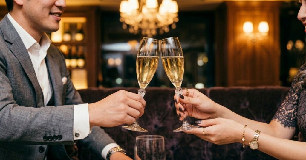 シャンパングラスを持って乾杯するキャバ嬢と男性客の手元