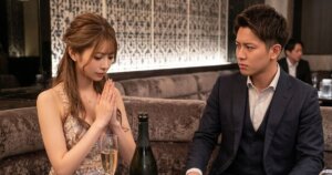 ロングヘアの女性が手を合わせて謝罪している。隣には男性が女性の方を向いて座っている