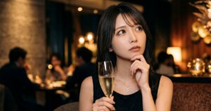 シャンパングラスを片手に持っているけれど、反対の手を顎に当てて斜め上を見て疑問を持っている女性