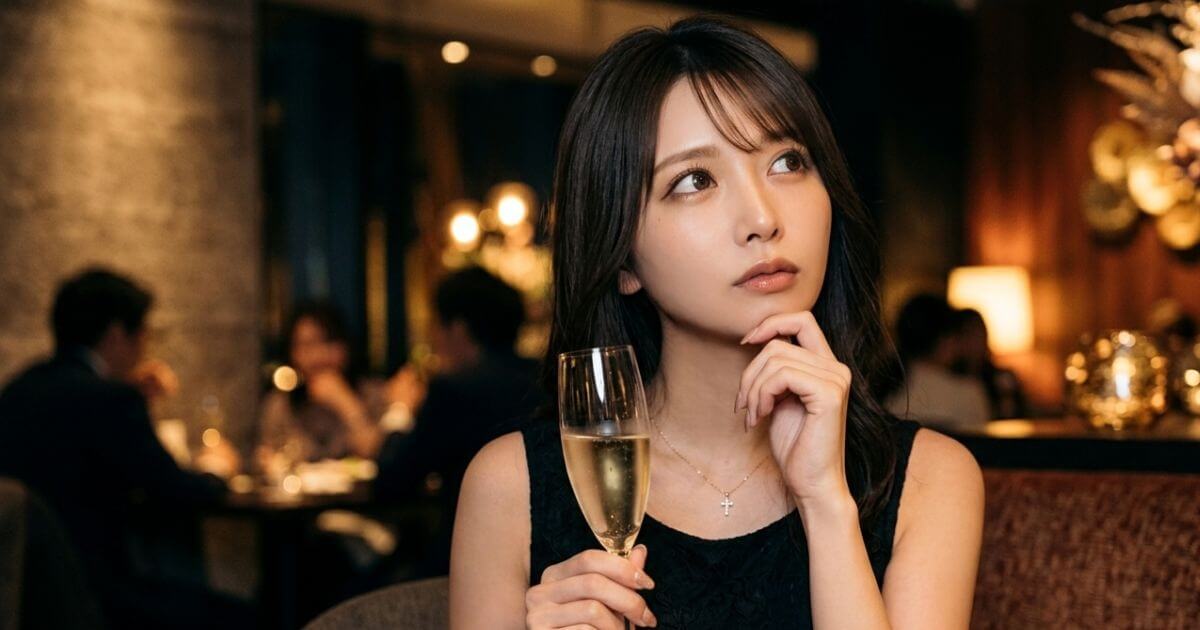 シャンパングラスを片手に持っているけれど、反対の手を顎に当てて斜め上を見て疑問を持っている女性