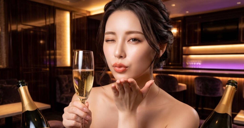 シャンパングラスを持って、反対の手で投げキスする女性