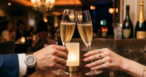 キャバクラで紳士的な男性とキャバ嬢がシャンパンで乾杯している手元