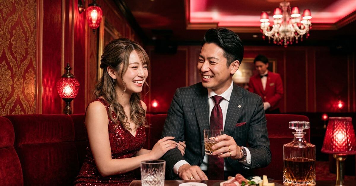ソファで男性客の隣に座って接客をしているキャバ嬢の20代前半の女性