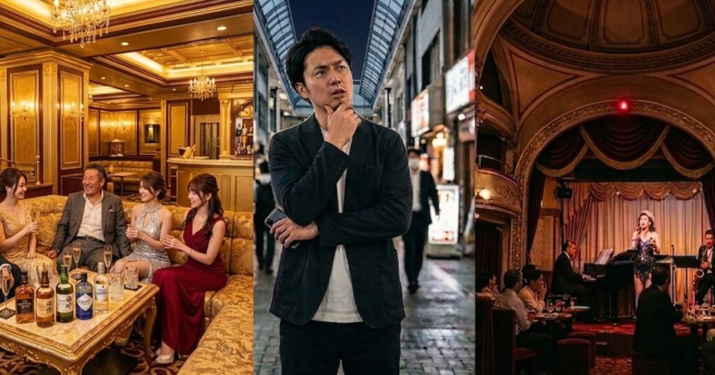 背景左にキャバクラの店内、背景右側にキャバレーの店内の様子、その真ん中で男性が顎に手を当てて考えている