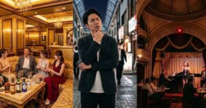 背景左にキャバクラの店内、背景右側にキャバレーの店内の様子、その真ん中で男性が顎に手を当てて考えている