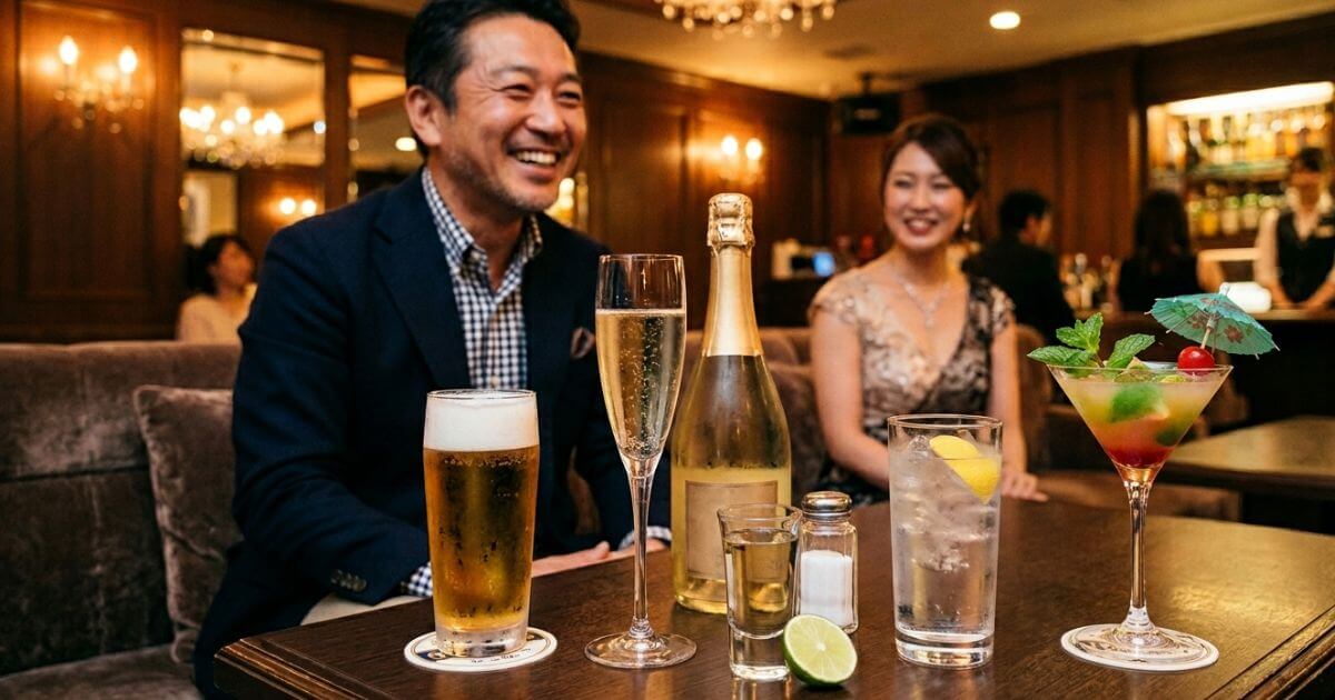 キャバクラの男性客の前に並んだビール・シャンパン・テキーラ・カクテル