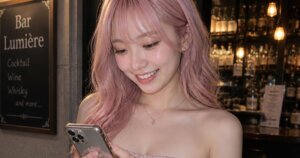スマホを触りながらほほ笑む日本人の若い女性