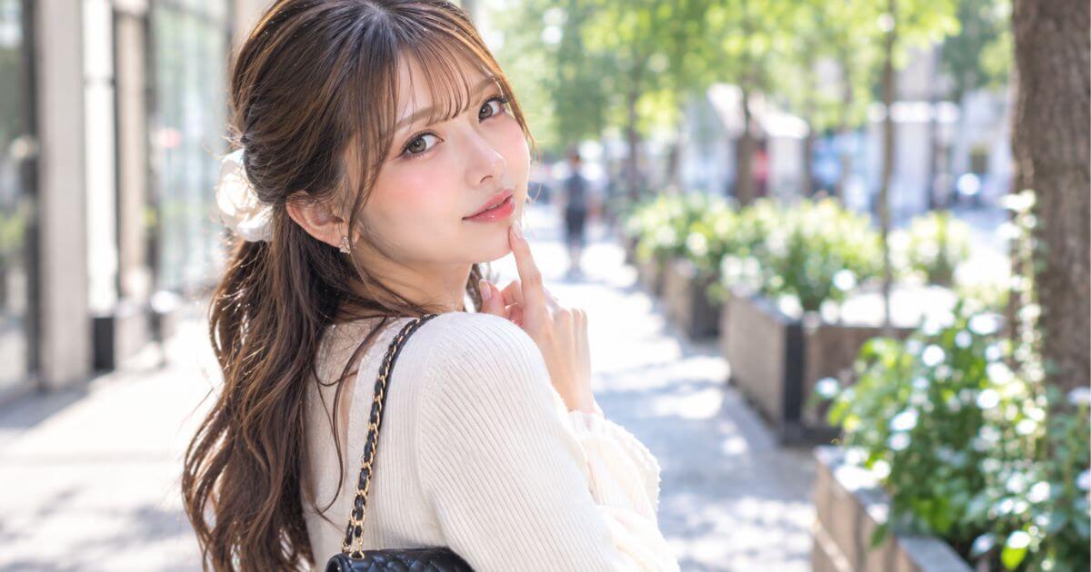 かわいい女の子が私服で街を歩いている、顎に人差し指を当ててこちらを振り返る様子。昼間の綺麗な遊歩道で