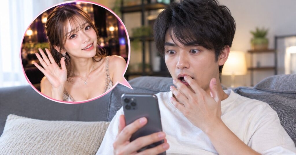 自宅のソファでスマホを見ている男性。連絡が来て驚いている様子。スマホから吹き出しのように出して、キャバ嬢が笑顔で手を振っている様子