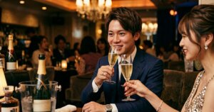 若い男性がキャバクラでシャンパンを飲んでいる様子