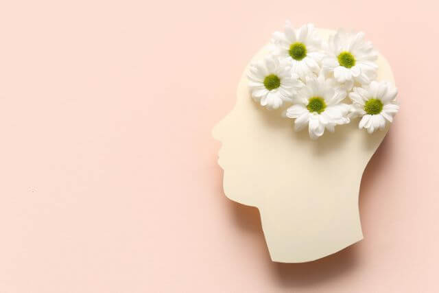 表情が分からない人間のフォルムの頭に置かれた花