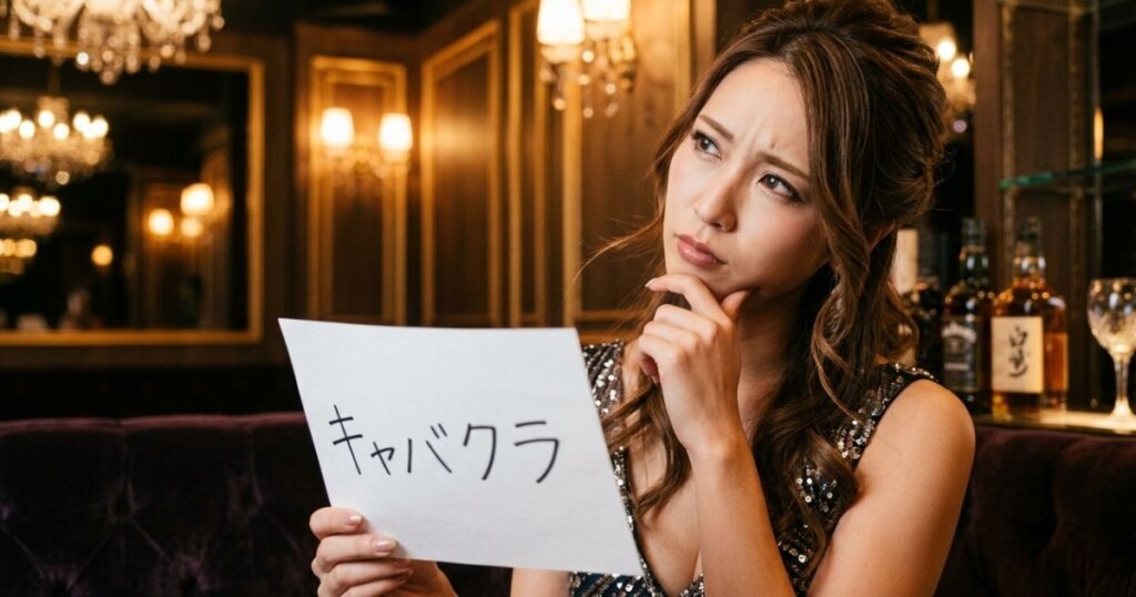 キャバクラと書かれた紙を持って首を傾げるキャバ嬢