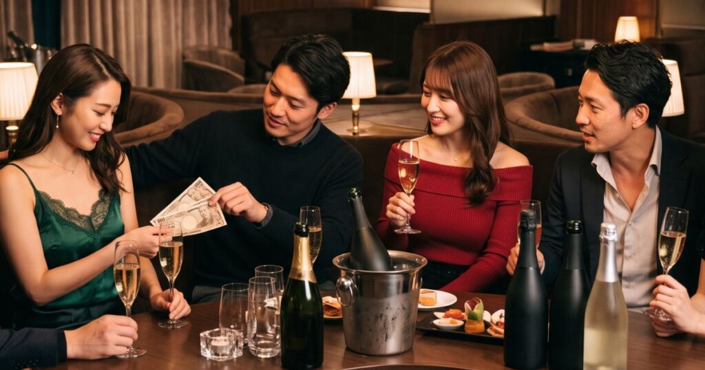 シャンパンを持つ女性とお金を渡す男性