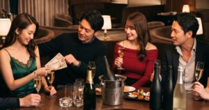 シャンパンを持つ女性とお金を渡す男性