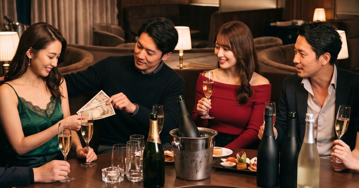 シャンパンを持つ女性とお金を渡す男性