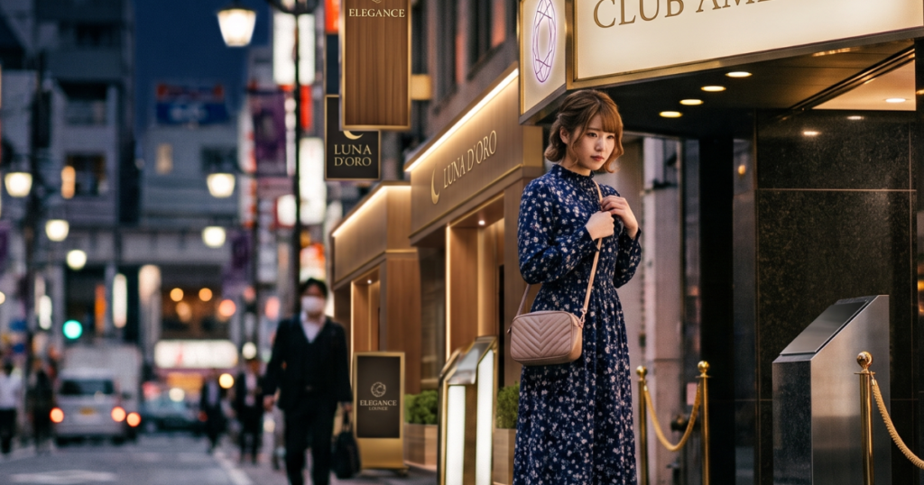 夜の繁華街で立っているワンピースの女性