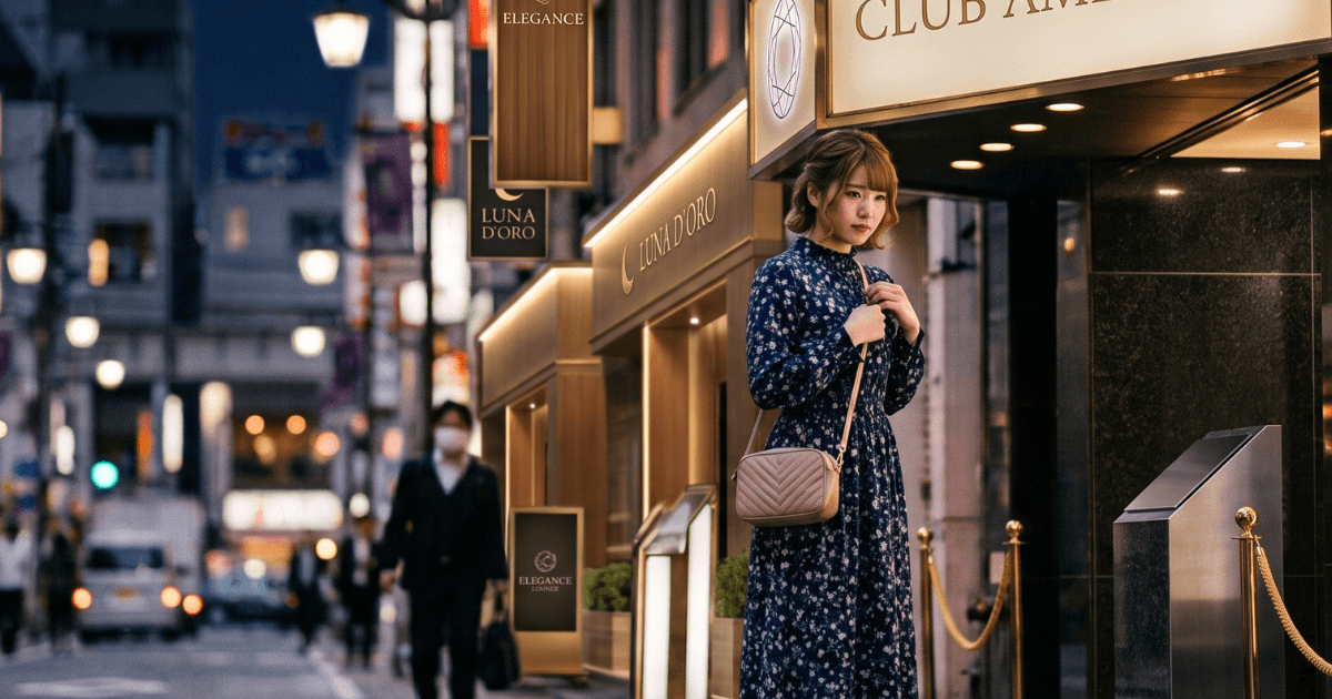 夜の繁華街で立っているワンピースの女性